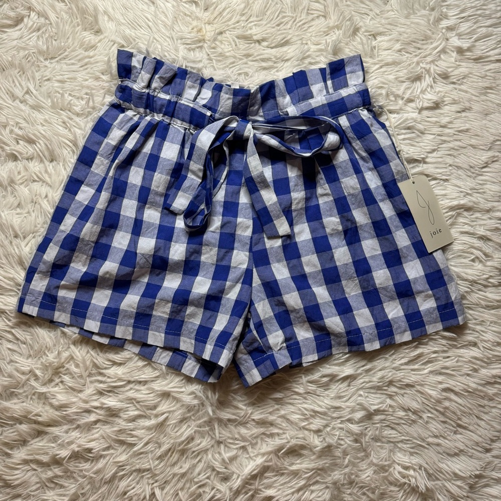 Joie Shorts Size Small gingham blue white 
Elastic Tie Waist